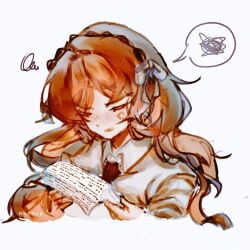  1girl bow brown_hairband clenched_teeth collared_shirt commentary english_commentary hair_bow hairband ishmael_(project_moon) limbus_company long_hair marmango necktie orange_hair project_moon red_necktie rope shirt simple_background solo spoken_squiggle squiggle teeth very_long_hair wavy_hair white_background white_bow white_shirt 