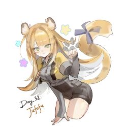  1girl :3 airheadmei animal_ears animal_hands black_gloves black_shorts blonde_hair blush_stickers bow breasts character_name closed_mouth collared_shirt cowboy_shot cropped_jacket cropped_legs fingerless_gloves gloves green_eyes grey_gloves grey_shirt hand_up high-waist_shorts highres jacket ju_fufu leaning_forward long_hair long_sleeves looking_at_viewer medium_breasts multicolored_hair open_clothes open_jacket paw_pose ribbon shirt short_shorts short_sleeves shorts simple_background smile solo tail tail_bow tail_ornament tail_ribbon tiger_ears tiger_girl tiger_tail very_long_hair white_background white_hair yellow_jacket zenless_zone_zero 