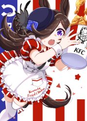  1girl animal_ears apron black_shoes blue_flower blue_rose brown_hair bucket_of_chicken chicken_(food) chicken_sandwich colonel_sanders dress employee_uniform falling fast_food fast_food_uniform flipped_hair flower food fried_chicken hair_over_one_eye hat hat_flower highres horse_ears horse_girl horse_tail kfc long_hair red_dress rice_shower_(umamusume) rose shoes short_sleeves solo striped_clothes striped_dress tail thigh-highs tilted_headwear uki_(uotoradou) umamusume vertical-striped_clothes vertical-striped_dress violet_eyes white_apron white_thighhighs white_wrist_cuffs wrist_cuffs 