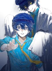  2girls androgynous arm_at_side baggy_clothes blue_eyes blue_hair blue_hat blue_shirt clenched_teeth collar collared_shirt commentary double-parted_bangs evil_grin evil_smile gradient_background grin hair_between_eyes hat highres jacket laoshide_yabo_741 light_blush looking_at_another looking_at_viewer looking_down multiple_girls necktie newsboy_cap parted_lips persona persona_4 reaching reaching_towards_viewer shadow_(persona) shirogane_naoto shirt short_hair simple_background sleeve_cuffs smile sweatdrop teeth upper_body white_background white_jacket yellow_eyes yellow_necktie 