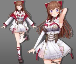  .live 1girl 3d a-pose absurdres armpits asymmetrical_legwear black_shoes blue_eyes bow braid breasts brown_hair chain closed_mouth commentary_request cross-shaped_pupils dress earrings footwear_bow frilled_dress frills full_body grey_background hair_bow hair_ornament hairclip hand_up heart heart_earrings highres jacket jewelry kakyouin_chieri lace-trimmed_thighhighs lace_trim large_breasts leg_up long_hair long_sleeves multiple_views off-shoulder_jacket off_shoulder official_art one_eye_closed open_clothes open_jacket pink_pupils ponpu-chou presenting_own_armpit red_bow see-through_cleavage see-through_clothes shoes sleeveless sleeveless_dress socks solo split_mouth standing standing_on_one_leg symbol-shaped_pupils thigh-highs twin_braids uneven_legwear white_dress white_jacket white_socks white_thighhighs 
