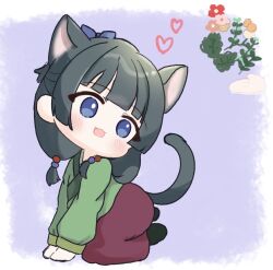  1girl animal_ears black_hair blue_bow blue_eyes bow cat_ears cat_girl cat_tail chibi chibi_only chinese_clothes chocomintice00 commentary_request extra_ears full_body green_hanfu hair_bow hanfu kusuriya_no_hitorigoto maomao_(kusuriya_no_hitorigoto) open_mouth purple_background purple_skirt skirt solo tail twintails 