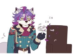  #compass 1boy aqua_coat ascot body_fur chair charles_richter_(#compass) coat commentary_request dapa_tf fur-trimmed_coat fur_trim furry furry_male grey_fur highres lint_roller long_hair male_focus monocle purple_hair simple_background solo tail translation_request upper_body white_background wolf_boy yellow_eyes 