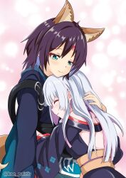  2girls absurdres animal_ears artist_name black_hair blue_eyes cho_kaguya-hime! closed_eyes commentary_request forehead_jewel fox_ears fox_girl fox_tail highres hug japanese_clothes kimono koe-paint long_hair medium_hair multiple_girls obi runami_yachiyo sakayori_iroha sash simple_background smile tail white_hair yuri 