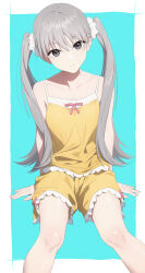 1girl absurdres bare_legs bare_shoulders blue_background bow_camisole breasts camisole closed_mouth collarbone commentary_request expressionless frills grey_eyes grey_hair hair_ornament hands_on_floor highres knees long_hair looking_at_viewer monogatari_(series) oikura_sodachi pink_ribbon ribbon scrunchie shorts simple_background sitting small_breasts solo twintails white_background white_scrunchie yellow_camisole yellow_shorts yioukei 