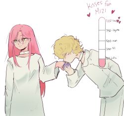  1boy 1girl absurdres alien_stage anakt_garden_uniform arm_behind_back blonde_hair colored_extremities dress english_commentary english_text glasses green_eyes heart highres kiss kiss_meter_(meme) kissing_hand long_hair long_sleeves luka_(alien_stage) meme michi_mimi mizi_(alien_stage) pants pink_hair shirt short_hair very_long_hair white_background white_dress white_pants white_shirt yellow_eyes 