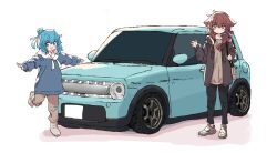  2girls :d animal_ears aoi_tori bag black_jacket black_pants blue_eyes blue_hair blue_hoodie blush_stickers brown_eyes brown_hair brown_pants brown_shirt car drawstring ears_down fang full_body hair_between_eyes hair_bun highres hood hooded_jacket hoodie jacket light_blush long_hair long_sleeves looking_at_viewer messy_hair motor_vehicle multiple_girls original pants raika-chan_(aoi_tori) shirt shoes shoulder_bag sidelocks simple_background single_hair_bun skin_fang smile standing teru-chan_(aoi_tori) waving white_background white_shoes wide_shot 