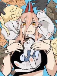  absurdres black_choker black_shirt choker cross-shaped_pupils demon_horns fish highres horns long_hair looking_at_viewer lying meowy_(chainsaw_man) multiple_cats on_back power_(chainsaw_man) sailen0 shirt symbol-shaped_pupils upper_body 