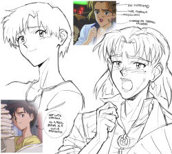  2girls akagi_ritsuko blonde_hair brown_hair chronocrump commentary derivative_work earrings english_commentary english_text highres ibuki_maya jewelry multiple_girls neon_genesis_evangelion official_style open_mouth pixie_cut portrait screenshot_redraw sketch 