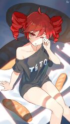 1girl ;o baguette bed bigtetoplush black_pajamas closed_mouth drill_hair kasane_teto kasane_teto_(sv) kasane_teto_(utau) morning pajamas red_eyebrows red_eyes red_hair signature signature_artist_name synthesizer_v utau yawning