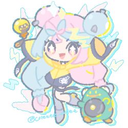  1girl artist_name bellibolt blue_hair bow-shaped_hair character_hair_ornament chibi coletta_(colet_colettia) commentary fake_hair_bun frog hair_ornament highres iono_(pokemon) jacket multicolored_hair oversized_clothes pink_eyes pink_hair pokemon pokemon_(creature) pokemon_scarlet_and_violet sharp_teeth sleeves_past_fingers sleeves_past_wrists sparkling_eyes split-color_hair tadbulb teeth two-tone_hair untranslatable_commentary yellow_jacket 