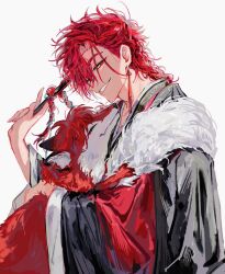  1boy alternate_costume animal animal_hug animalization black_kimono braid braided_ponytail commentary_request earrings folded_fan folding_fan fur-trimmed_robe fur_trim grin hand_fan highres holding holding_animal holding_fan holding_own_hair japanese_clothes jewelry kimono long_hair long_sleeves looking_at_viewer male_focus parted_lips person_and_animalization red_eyes red_hair robe shiguang_dailiren simple_background single_braid single_earring smile solo tassel tassel_earrings teeth tyoookozuki upper_body white_background wide_sleeves wolf xiao_weiying xiao_weiying_(wolf) 