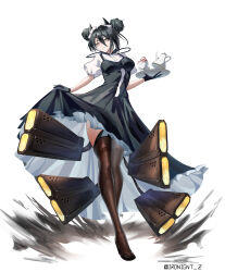  1girl absurdres agent_(girls'_frontline) black_dress black_gloves black_hair blush breasts commentary_request cup double_bun dress frilled_dress frills frown full_body girls_frontline gloves hair_between_eyes hair_bun hand_up high_heels highres holding holding_own_dress holding_tray ironight_z legs looking_at_viewer maid maid_headdress mechanical_arms medium_breasts medium_hair multiple_weapons railgun shirt short_sleeves solo standing teacup teapot thigh-highs thighs tray weapon white_shirt yellow_eyes 