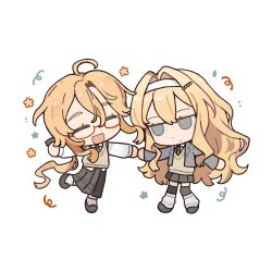  2girls :d ahoge blonde_hair chibi chibi_only commentary_request degrees_of_lewdity full_body glasses highres leg_up long_hair long_skirt miniskirt multiple_girls player_character_(degrees_of_lewdity) player_character_(female)_(degrees_of_lewdity) pleated_skirt ponytail school_uniform skirt smile sydney_(degrees_of_lewdity) sydney_(female)_(degrees_of_lewdity) yuki808_1006 