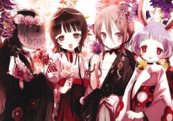  4girls akane_(mahoiku) animal_ears artist_request black_hair blush dress floral_print flower frilled_dress frills gekokujou_hana hair_ornament highres hime_cut holding holding_flower japanese_clothes kafuria kimono magical_girl mahou_shoujo_ikusei_keikaku mahou_shoujo_ikusei_keikaku_jokers mahou_shoujo_ikusei_keikaku_limited mahou_shoujo_ikusei_keikaku_restart miyokata_no_nako multiple_girls nontraditional_miko obi open_mouth purple_flower purple_hair rabbit_ears rabbit_girl red_eyes sash short_hair smile spider_lily third-party_source veil white_flower wide_sleeves yellow_flower 