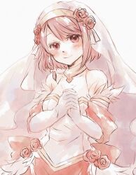  1girl bare_shoulders bridal_gauntlets bridal_veil bride collared_halterneck commentary_request dress fire_emblem fire_emblem_engage fire_emblem_heroes gold_choker gold_trim hairband hands_up ichii_a lapis_(fire_emblem) lapis_(mighty_bride)_(fire_emblem) looking_at_viewer official_alternate_costume own_hands_together pink_eyes pink_hair solo veil wedding_dress white_bridal_gauntlets white_dress white_hairband 