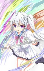  >:) 1girl 9-nine- :q absurdres ahoge belt black_socks bow braid chest_bow chinese_commentary closed_mouth commentary dress foot_out_of_frame frilled_dress frills green_ribbon grey_belt grey_hair hair_ribbon hakusen_academy_school_uniform highres holding holding_ladle inkari ladle long_hair long_sleeves looking_at_viewer niimi_sora oversized_object pink_bow pleated_dress ribbon school_uniform short_dress sidelocks simple_background single_braid smile smug socks solo split_mouth standing standing_on_one_leg tongue tongue_out v-shaped_eyebrows violet_eyes white_dress 