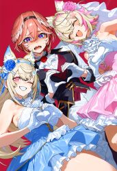  3girls ai-generated animal_ear_fluff animal_ears aristocratic_clothes ascot bandaid bandaid_hair_ornament blonde_hair blue_dress blue_eyes blue_flower blue_hair blue_rose blush breasts commentary_request dog_ears dog_girl dress eatsleep1111_(ai_chan_1111) fake_horns flower frilled_dress frills fuwawa_abyssgard gloves hair_between_eyes hair_intakes hair_ornament hairband head_wings heart heart-shaped_pupils heart_hands highres hololive hololive_english horn_hairband horns long_hair long_sleeves looking_at_viewer mococo_abyssgard moe_moe_kyun! multicolored_hair multiple_girls one_eye_closed open_mouth ouji_fashion pink_dress pink_flower pink_hair pink_hairband pink_rose pleated_skirt red_background red_flower red_rose rose shirt short_hair siblings simple_background sisters skirt smile streaked_hair symbol-shaped_pupils takane_lui tuxedo_shirt twins virtual_youtuber white_ascot white_shirt wings 