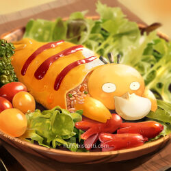  black_eyes blurry blurry_background cherry_tomato fluffybiscotti food food_art food_focus lettuce looking_at_viewer no_humans omelet omurice pokemon pokemon_(creature) psyduck rice tako-san_wiener tomato 