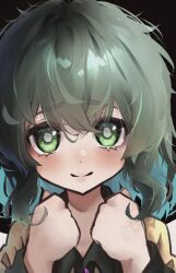  1girl absurdres blush buttons closed_mouth collared_shirt commentary_request diamond_button green_eyes green_hair hair_between_eyes highres komeiji_koishi long_sleeves looking_at_viewer mira_mira_mira missing_headwear portrait shirt smile solo touhou yellow_shirt 