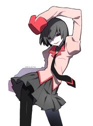  1girl absurdres arm_at_side arm_up black_eyes black_hair black_necktie black_pantyhose black_thighhighs bob_cut commentary_request cowboy_shot dated grey_skirt hair_between_eyes highres juliet_sleeves long_sleeves looking_at_viewer manimani_(mani_ma) monogatari_(series) naoetsu_high_school_uniform necktie open_mouth oshino_ougi owarimonogatari pale_skin pantyhose pink_shirt puffy_sleeves school_uniform shade shirt short_hair signature simple_background skirt sleeves_past_fingers sleeves_past_wrists smile solo swept_bangs thigh-highs white_background 