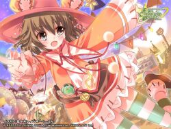  1girl artist_name bag bagged_fish balloon bear_girl boots brown_bag brown_boots brown_hair candy commentary_request copyright_logo copyright_notice dress emil_chronicle_online festival fish food green_theme grey_eyes hat logo lollipop neck_ribbon official_art open_mouth orange_dress pointing red_hat red_ribbon ribbon sasaki_rainbow_sii solo striped_clothes striped_thighhighs thigh-highs tiny_alma waist_bag white_thighhighs witch_hat 