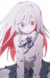  1girl @_@ black_skirt collared_shirt colored_inner_hair commentary_request grey_hair hair_between_eyes highres long_hair long_sleeves mahou_shoujo_no_majo_saiban multicolored_hair neck_ribbon nox_laurant pleated_skirt pursed_lips red_eyes red_hair ribbon shirt shito_alisa simple_background sitting skirt solo spoilers wariza white_background white_shirt 