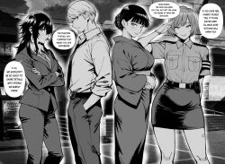  2boys 2girls aged_up amagi_yukiko armband belt bob_cut braid braided_bun crossed_arms detective english_text facial_hair gloves greyscale hair_bun halftone jamjamstyle japanese_clothes kimono light_blush lips long_hair looking_at_viewer monochrome multiple_boys multiple_girls narukami_yu necktie outdoors outline pencil_skirt persona persona_4 persona_x_detective police police_uniform policewoman profile salute satonaka_chie shirogane_naoto shirt short_hair short_sleeves sidelocks skirt sleeves_rolled_up suit swept_bangs white_outline white_shirt 