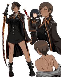  1girl absurdres bare_back beret black_hair blood blood_splatter bob_cut boots brown_eyes brown_hair cigarette collared_shirt dark-skinned_female dark_skin dress epaulettes from_behind hat highres holding holding_sword holding_weapon jacket katana kekel lighter lighting_cigarette limbus_company long_hair long_sleeves looking_at_viewer military military_combat_uniform military_jacket military_uniform multiple_girls multiple_scars necktie outis_(project_moon) project_moon red_eyes ryoshu_(project_moon) scar shirt short_hair shoulder_blades simple_background sword weapon white_shirt 