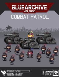  6+girls blonde_hair blue_archive brown_hair commentary english_commentary hair_over_eyes halo highres ibuki_(blue_archive) iroha_(blue_archive) military_vehicle motor_vehicle multiple_girls pandemonium_society_member_(blue_archive) perorodzilla_(blue_archive) purple_hair redforge skyline tank warhammer_40k 