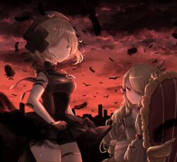  2girls absurdres bird black_feathers blonde_hair bow city clouds commentary_request dress eyepatch feathers frilled_dress frilled_sleeves frills gamo_tako grey_hair hair_ornament hat highres long_hair magical_girl mahou_shoujo_ikusei_keikaku mahou_shoujo_ikusei_keikaku_restart multiple_girls nurse_cap pfle red_eyes shadowgale short_hair sitting wheelchair x_hair_ornament yellow_eyes 