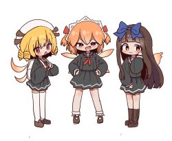  :d alternate_costume backpack bag black_serafuku black_shirt black_skirt blonde_hair blue_bow blush boots bow brown_boots brown_hair brown_shoes closed_mouth commentary drill_hair fairy fairy_wings fang full_body hands_on_own_hips hat headdress highres korean_commentary long_hair long_sleeves looking_at_viewer luna_child magg_(user_mtca8588) medium_hair open_mouth orange_hair school_uniform serafuku shirt shoes skirt smile socks standing star_sapphire sunny_milk thigh-highs touhou triangle_mouth white_background white_bag white_hat white_socks white_thighhighs wings 
