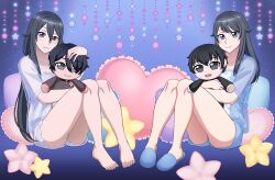  2boys 2girls absurdres aged_down ayano_aishi barefoot blue_shoes character_doll doll full_body grey_eyes grey_hair grin hair_between_eyes highres hugging_object jokichi_yudasei loafers long_hair looking_at_viewer loungewear mother_and_child mother_and_daughter mulberry_(mulberry_elixir) multiple_boys multiple_girls pajamas parent_and_child pillow pink_lips ryoba_aishi see-through_clothes shoes short_shorts shorts sitting smile stuffed_toy swept_bangs taro_yamada_(yandere_simulator) time_paradox toenails very_long_hair yandere_simulator 
