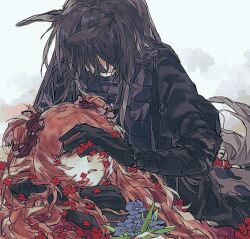  1boy 1girl black_gloves black_hair black_robe blue_flower commentary_request death double_bun flower gloves grey_scarf hair_bun heishou_pack-wu_branch_(identity)_(project_moon) highres hongyuan_(identity)_(project_moon) ishmael_(project_moon) limbus_company long_hair orange_hair project_moon red_flower robe scarf sh831 very_long_hair wavy_hair yi_sang_(project_moon) 