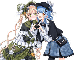 2girls :d ;d asymmetrical_legwear bag bird_hat_ornament black_bag black_bow black_bowtie black_capelet black_flower black_hat black_pantyhose black_rose blonde_hair blue_hair blue_necktie blue_skirt bonnet bow bow_flower bowtie braid braided_hair_rings capelet cheek-to-cheek chinstrap closed_mouth collared_shirt commentary_request contrast_collar cowboy_shot crossbody_bag deerstalker dress flower flower-trimmed_dress flower-trimmed_skirt frilled_capelet frilled_dress frilled_skirt frilled_sleeves frills furrowed_brow green_bonnet green_eyes grey_vest hair_bow hair_flower hair_ornament hair_rings hat hat_bow heads_together heart heart_hands highres holding_hands layered_dress layered_skirt lolita_fashion long_hair long_sleeves looking_at_viewer mahou_shoujo_no_majo_saiban multiple_girls necktie one_eye_closed open_mouth pantyhose plaid_clothes plaid_skirt rose shipua_(the_worst_night_ever) shirt short_hair simple_background single_leg_pantyhose skirt smile tachibana_sherry tono_hanna tulip twintails two-tone_dress vest white_background white_flower white_rose white_shirt white_tulip wide_sleeves winged_hat yellow_eyes yellow_flower yellow_rose yuri 