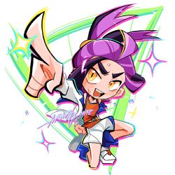  1boy arm_up black_hair blue_jacket blue_socks commentary_request full_body hair_up hairband highres jacket kieran_(pokemon) league_club_uniform male_focus mashiro_nanashiro multicolored_hair open_clothes open_jacket open_mouth orange_eyes outstretched_arm pointing pokemon pokemon_scarlet_and_violet purple_hair red_tank_top sanpaku shoes shorts signature slit_pupils sneakers socks solo sweat tank_top teeth thick_eyebrows triangle_mouth two-sided_fabric two-sided_jacket white_jacket white_shoes white_shorts 