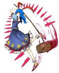  1girl animal_ears blood bloody_weapon bloomers blue_dress blue_hair danmaku dress ear_clip from_side highres holding_weapon kan_(aaaaari35) long_hair looking_at_viewer looking_to_the_side mallet moon_print rabbit_ears red_eyes seiran_(touhou) shoes short_sleeves simple_background small_breasts smile solo split_ponytail star_print touhou underwear weapon white_background white_shoes 