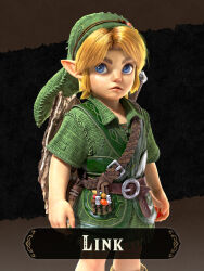  1boy belt blonde_hair blue_eyes boots character_name child collar commentary commentary_request deku_shield english_text green_hat green_tunic hat highres kokiri_sword link male_focus official_alternate_costume official_art pointy_ears shield solo sword sword_on_back the_legend_of_zelda the_legend_of_zelda:_ocarina_of_time tunic weapon weapon_on_back wooden_shield young_link 