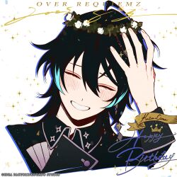  1boy black_hair blush character_name closed_eyes colored_tips copyright_name happy_birthday head_wreath highres jacket kaize_ozma kazari_tayu male_focus multicolored_hair official_art over_requiemz simple_background smile solo sparkle white_background 