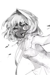  1girl bodysuit breasts commentary_request confex dark-skinned_female dark_skin fangs hair_between_eyes highres hollow_knight hollow_knight:_silksong humanization lace_(hollow_knight) long_sleeves looking_at_viewer o_o open_mouth simple_background small_breasts solo upper_body white_background white_bodysuit white_hair 