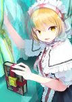  1girl alice_margatroid anda_inmu blonde_hair book capelet dress hairband lips looking_at_viewer necktie open_mouth puffy_sleeves ribbon sash short_hair short_sleeves smile solo touhou upper_body yellow_eyes 