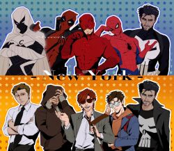  beard bodysuit cape crescent_ornament daredevil deadpool deadpool_(series) facial_hair glasses highres hood jveeeek looking_at_viewer marc_spector marvel mask moon_knight multicolored_armor multicolored_bodysuit muscular muscular_male peter_parker red_bodysuit red_mask scar scars_all_over simple_background spider-man spider-man_(series) superhero_costume the_punisher_(character) the_punisher_(series) two-tone_bodysuit white_cape white_hood x-men 