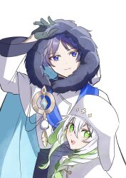  1boy 1girl black_gloves black_shorts blue_gem blue_scarf blunt_ends braid_over_shoulder bright_pupils cape capelet closed_mouth collared_shirt cross-shaped_pupils eyelashes eyeliner feathers fur-trimmed_cape fur-trimmed_hood fur_trim gem genshin_impact gloves gold green_hair green_hat hair_between_eyes hat height_difference highres hood hood_up hooded_cape leu_135 long_hair long_sleeves looking_at_viewer makeup multicolored_hair nahida_(genshin_impact) nahida_(nord_express)_(genshin_impact) official_alternate_costume official_alternate_hairstyle open_mouth pom_pom_(clothes) purple_hair red_eyeliner scaramouche_(genshin_impact) scarf shirt shorts sidelocks smile split_mouth streaked_hair symbol-shaped_pupils tareme teeth tongue two-sided_fabric two-sided_headwear upper_teeth_only ushanka violet_eyes wanderer_(genshin_impact) wanderer_(nord_express)_(genshin_impact) white_background white_cape white_capelet white_gloves white_hair white_hat white_hood white_pupils white_shirt white_sleeves winter_clothes yellow_feathers 