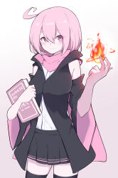  1girl absurdres ahoge black_jacket black_skirt black_thighhighs blush book bright_pupils closed_mouth clothing_cutout commentary_request cowboy_shot f.a.l fire gradient_background grey_background highres holding holding_book jacket looking_at_viewer magic original pink_eyes pink_hair pink_jacket pink_scarf pleated_skirt pyrokinesis scarf shirt short_hair shoulder_cutout skirt sleeveless sleeveless_shirt smile solo thigh-highs two-sided_fabric two-sided_jacket white_background white_pupils white_shirt wide_sleeves zettai_ryouiki 