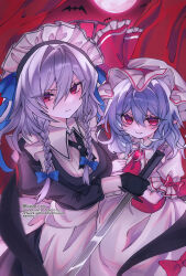  2girls absurdres apron ascot bat_(animal) bat_wings black_dress black_gloves blue_bow blue_hair bow braid brooch closed_mouth commentary_request dress full_moon gloves grey_hair hair_between_eyes hair_bow hat hat_ribbon highres holding holding_sword holding_weapon izayoi_sakuya jewelry juliet_sleeves long_hair long_sleeves looking_at_viewer maid maid_headdress medium_hair mob_cap moon multiple_girls pink_hat pink_shirt pink_skirt pointy_ears puffy_sleeves red_ascot red_bow red_eyes red_moon remilia_scarlet ribbon shirt skirt skirt_set sleeve_bow smile suigyu_xxx sword touhou twin_braids waist_apron weapon white_apron wings 