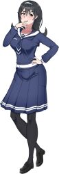  1968 1girl absurdres belt black_pantyhose black_shoes blue_shirt blue_skirt blush dozuki_aishi full_body grey_hair grin hair_between_eyes hairband hand_on_own_hip highres kattystarlitt loafers long_sleeves looking_to_the_side necktie pantyhose pleated_skirt shirt shoes short_necktie skirt smile solo standing standing_on_one_leg white_belt white_hairband yandere_simulator 