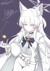  1girl a-dwolf akira_(blue_archive) animal_ear_fluff animal_ears artist_name belt black_choker blue_archive blue_bow blue_bowtie bow bowtie bright_pupils cat_ears cat_girl character_name choker coat coat_on_shoulders collared_shirt colored_eyelashes commentary dated gloves halo highres jewelry long_hair long_sleeves looking_at_viewer necklace pants pink_halo purple_background red_eyes shirt signature simple_background solo unworn_jewelry unworn_necklace white_coat white_eyelashes white_gloves white_hair white_pants white_pupils white_shirt 