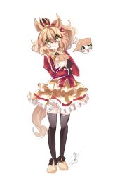  1girl animal_ears aston_machan_(flare)_(umamusume) aston_machan_(umamusume) black_bow black_bowtie black_thighhighs blush bow bowtie breasts brown_hair character_doll closed_mouth crown doll green_eyes hair_ornament highres holding holding_doll horse_ears horse_girl horse_tail long_sleeves looking_at_viewer mini_crown red_sash red_scrunchie red_sleeves sash scrunchie shirt shoes shoulder_sash skirt smile solo tail thigh-highs tilted_headwear umamusume yoko_z 
