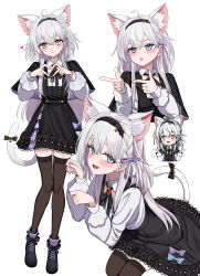  1girl :3 animal_ears bell black_capelet black_dress black_shoes black_thighhighs blush bow brooch capelet chibi chibi_inset commentary_request double_finger_gun dress fang finger_gun hair_ribbon heart heart_hands heterochromia highres jellyfish_cut jewelry jingle_bell lazuli_(vrchat) long_hair long_sleeves looking_at_viewer multiple_views neck_ribbon paw_pose red_ribbon ribbon shoes simple_background skin_fang tail tail_bow tail_ornament thigh-highs vrchat white_background white_hair yakob_labo 