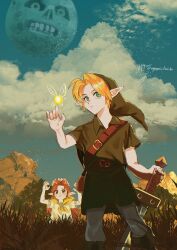  1boy 1girl blonde_hair clouds cloudy_sky commentary cumulonimbus_cloud grass green_hat green_tunic hat head_wreath highres kokiri_sword link looking_at_viewer moon_(zelda) orange_hair outdoors phrygian_cap pointy_ears romani_(zelda) sky standing tall_grass tatl the_legend_of_zelda the_legend_of_zelda:_majora's_mask togenasi_furiko tunic 